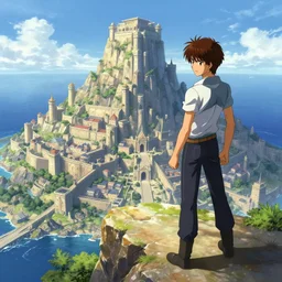 an ultra detailed matte landscape painting of the chosen one standing on a cliff overlooking the capital of athersei, a fortress town built into a mountain by the sea, extremely tall and strong young man with short brown hair as a shonen anime protagonist standing confidently, epic anime fantasy, 8 k, volumetric lighting, smooth, highly detailed, digital illustration, art by kentaro miura and akira toriyama and artgerm