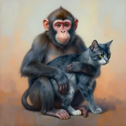 painting of hybrid monkey and ( ( ( ( cat ) ) ) ) fused together, intercrossed animal, by zdzislaw beksinski, by lewis jones, by mattias adolfsson, cold hue's, warm tone gradient background, concept art, digital painting