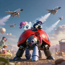 ground level shot of a ( ( ( ladybug ) ) ) riding a life size huge robotic ( my little pony ). the ladybug has hands and legs. in the background an air show with jets. maybe a picnic? professional, high quality, dramatic lighting, dof, bokeh, action