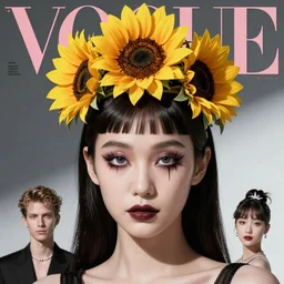sunflower tiara, gothic eye makeup, korean audrey hepburn, vogue magazine, greg rutkowski, john singer sargent, trending on artstation, anime, oil painting, side profile portrait, looking right, intricate