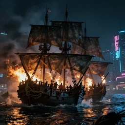 pirate ships at war at night, smoke, fire, chaos, photo realistic, 8k, artstation, Blade runner, neon signs in the distance, dark, cinematic, epic