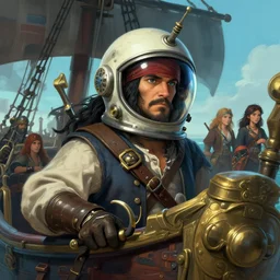 a pirate man with an astronaut helmet with long black hair on a pirate ship, d & d, sea of thieves, fantasy digital painting, trending on artstation, concept art, sharp focus, illustration, global illumination, ray tracing, realistic shaded, art by artgerm and greg rutkowski and fuji choko and viktoria gavrilenko and hoang lap