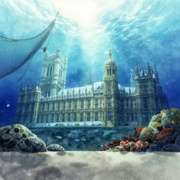 incredible wide screenshot, ultrawide, simple watercolor, rough paper texture, ghost in the shell movie scene, underwater westminster palace!!!!, backlit shot, underwater, fishing net, fish shoal, reef, boulders, pencil marks, shinjuku, koji morimoto, katsuya terada, masamune shirow, tatsuyuki tanaka hd, 4 k, remaster, dynamic camera angle, deep 3 point perspective, fish eye, dynamic lighting