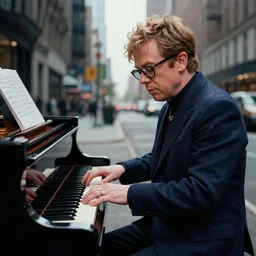 hyper realistic, high detail photo of elton john playing piano on the street in new york ( picasso art style ), beautiful, dreary lighting