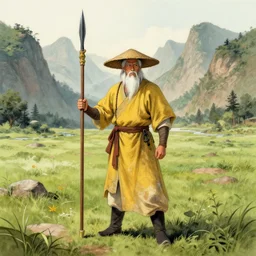 a chinese battle monk, wearing a faded yellow toga, a straw hat, holding a wooden long staff with a spear at the end that is perpendicular to the floor, long white beard, beautiful valley with a meadow and dozens of mountains, lots of shading, full body shot, drawn in the style of alex horley