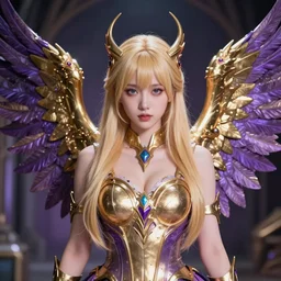 ortrait of cute blonde woman in metlic site with gold and purple wings, by wenjun lin, 4 k, extremely coherent, highly detailed, sharp focus, slasher movies