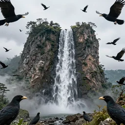 A flying mountain, from which waterfalls fall, surrounded by birds with human heads. Birds with human heads. Ultra realistic. Realistic. Photo realistic. 8k.