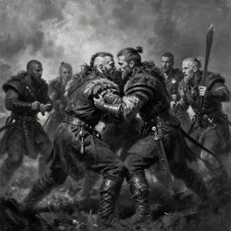 black and white digital painting of viking fighting, masterpiece, by thomas blackshear, matte painting, extremely emotional, cinematic moody colors, by hsiao ron chen, ilya kuvshinov, magali villeneuve, artgerm, jeremy lipkin, rob rey, christophe vacher