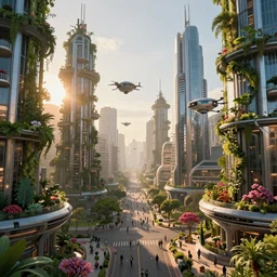 Sunrise over solarpunk city, vines, many trees and plants, futuristic flying vehicles and drones, archdaily, architectural digest, busy streets filled with people, sun rays, colorful blooming flowers, vertical gardens, utopia, beautiful glass and steel architecture, extreme detail, futuristic