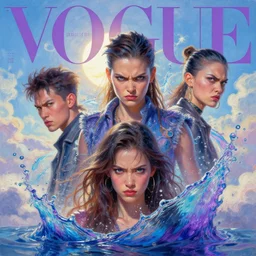 3 d, angry fashion model, splashes, liquid blue and violet water, sun, vogue cover style, poster art, high detail, intricate oil painting, multiple exposure, heaven mood, hyperrealism, 3 d, by tooth wu and wlop and beeple and greg rutkowski