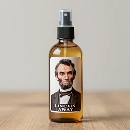 A bottle of Lincoln Away Abraham Lincoln repellant spray