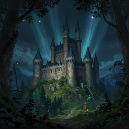castle in the middle of the forest, starlights, fantasy art, environment design, concept artist cinematic lighting, artstation, art by gmunk, alyn spiller and ricardo ow and gaston bussiere
