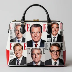 designer pop art purse with pattern pictures of nixon!!!, bold fashion design, elle magazine, cosmopolitan, glossy photo, crisp details
