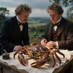 detailed photograph of victorian gentlemen lobster crab observing medical procedure kodachrome