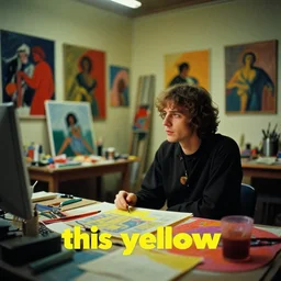 dramatic scene shallow depth of field medium shot uncanny surreal photograph of a colorful intimate art studio in 1 9 9 5 titled'this yellow ', photographed by william eggleston and ken price and man ray, grainy shocking detail trending on artstation 8 k