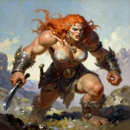 an illustration of a furious female hill giant, full color, in style of Dungeon and Dragons, Frank Frazetta, trending on arstation