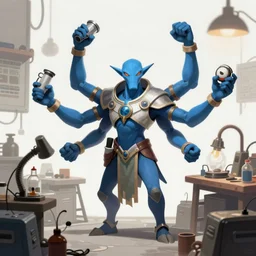 a four - armed, blue vedalken artificer with four arms in a tinkers lab, digital painting, trending on artstation, concept art, sharp focus, illustration, art by artgerm, greg rutkowski, and magali villeneuve