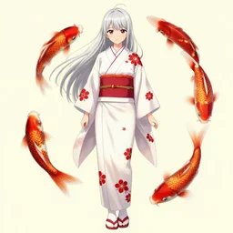 beautiful girl, silver hair, white kimono with red flower patterns, koi around, full body shot, ilustration by Takehiko Inoue ((and Krenz Cushart))