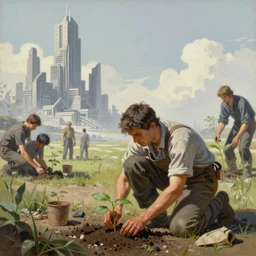 a mixed media portrait painting of a gardener planting a seedling, minimalist, a ruined futuristic city sits in the distance, by frank frazetta, greg rutkowski, beeple, yoko taro, christian macnevin, beeple, wlop and krenz cushart, epic fantasy character art, volumetric outdoor lighting, high fantasy, cgsociety, full length, exquisite detail, post - processing, masterpiece, cinematic