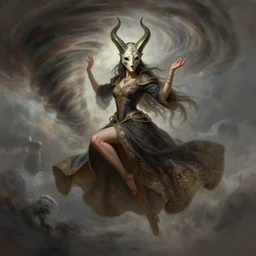 character concept art of sorceress wearing half horned mask flying inside a tornado, full body shot, gown, crossing legs, raised hands, fantasy painterly style, intricate details, artwork by ross tran, artgerm, eimbrodered clothing
