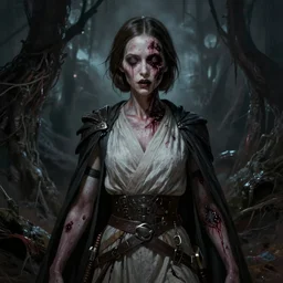 scary horrific zombie princess leia dark fantasy, body horror, sores and scars, undead. highly detailed, biopunk, digital painting, by greg rutkowski, artgerm and alphonse mucha