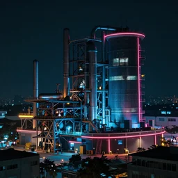 Cyberpunk Factory, futuristic Phnom-Penh Cambodia, neon dark lighting