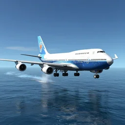 Boeing 747 doing a water-landing on an ocean on Planet 4546B, screenshot from the video game 'Subnautica'
