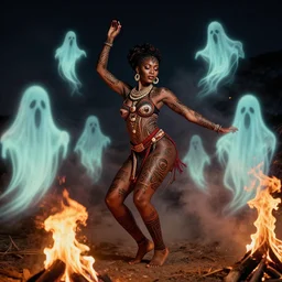 8 k award winning photo of an african beauty with tribal tattoos dancing with glowy ghosts at a fire
