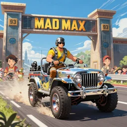 digital illustration of mad max's fj 4 0 pursuit special riding eternal shiny and chrome, the last v 8 interceptor driving down to the gates of valhalla highway in the middle of the day, anime style, year 2 0 9 3, by makoto shinkai, ilya kuvshinov, lois van baarle, rossdraws, basquiat, studio ghibli