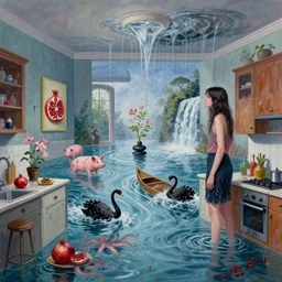 tall female emo artist in her flooded kitchen, water gushing from ceiling, painting of flood waters inside an artist's home, a river flooding indoors, pomegranates, pigs, ikebana, zen, water, octopus, river, rapids, waterfall, black swans, canoe, berries, acrylic on canvas, surrealist, by magritte and monet