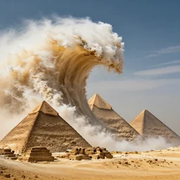 giant mega tsunami wave about to crash over the gizah pyramids, cinematic, hyper realistic, dramatic light,