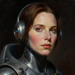 a dark close - up portrait of retrofuturistic sigourney weaver in space. reflective detailed textures. soft gloomy dark background. highly detailed fantasy science fiction painting by moebius, norman rockwell, frank frazetta, and syd mead. rich colors, high contrast. artstation
