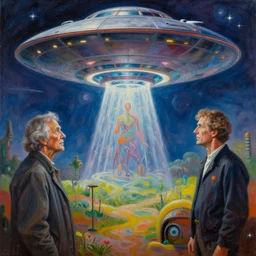painting of paranormal, ufo, psychedelic, spiritual experiencer, charles abel corwin, frank lloyd wright, don ivan punchatz, highly detailed, hyper realism, sharp focus, spirituality