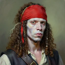 very detailed painting of an pale albino african pirate with red headband and curly hair, featured in artstation, concept art by Greg Rutkowski, WLOP, Dan Mumford, Christophe Vacher