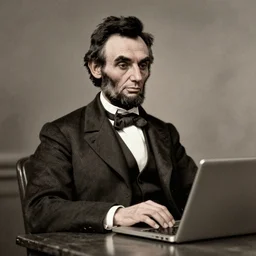 Portrait of Abraham Lincoln using a laptop computer, 1865