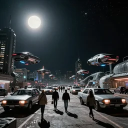 people are walking past plasma vehicles, back from work in a Russian cyberpunk city called Neo Norilsk on the Moon, pitch black sky with stunning bright stars, bright sun, diverse, lively, black sky full of stars, blinding bright sun, sci-fi, lots of flying cars, levitation, cyberpunk outfits, photorealistic, grainy, 35mm, intricate, very very beautiful, elegant, smooth, cinematic, Unreal Engine 5, by Beeple, trending on Artstation HD