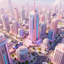 A futuristic city, neon lights and flying cars, birds-eye view, pastel colours, 8k octane render, extremely detailed.