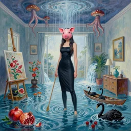 tall female catgirl artist wearing a pig mask in her flooded apartment, mushrooms, octopus, water gushing from ceiling, painting of flood waters inside an artist's apartment, a river flooding indoors, pomegranates, ikebana, zen, rapids, waterfall, black swans, canoe, berries, acrylic on canvas, surrealist, by magritte and monet