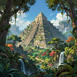 a lush alien landscape with a forgotten ancient pyramid in the distance overrun by nature, trees, moss, vines, waterfall, colorful foliage, vivid sky, digital art, matte painting, concept art, cinematic lighting, vibrant, intricate, epic, depth, artstation, Jessica Rossier, Ted Nasmith, Eddie Mendoza, highly detailed, octane render, 8k,