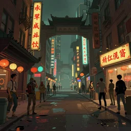 photo environement post cyberpunk chinatown : 4, 4 k rtx hdr volume light concept studio matte painting environement digital illustration style art that looks like it is from borderlands and by feng zhu and loish and laurie greasley, victo ngai, andreas rocha, john harris by jesper ejsing, by rhads, ma