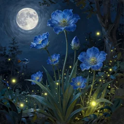 beautiful digital matter cinematic painting of whimsical botanical illustration blue flowers moon fireflies tenchanted dark background, whimsical scene by august macke artstation