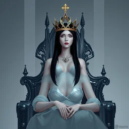 stylized minimalist a beautiful black haired woman with pale skin and a crown on her head sitted on an intricate metal throne, loftis, cory behance hd by jesper ejsing, by rhads, makoto shinkai and lois van baarle, ilya kuvshinov, rossdraws global illumination,