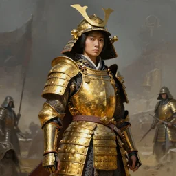 Japanese warrior nun wearing gold armour in Minas Morgul, hyperrealist digital painting by Mario Testino, Stanley Artgerm Lau, WLOP, Andrei Riabovitchev, masterpiece, trending on artstation, cgstudio