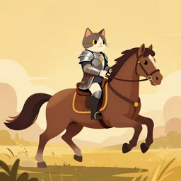 a wide shot of a cat wearing an armor, riding on a prancing horse, golden hour, illustration, digital art, trending on artstation