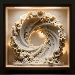 ( sculpture of the endless transcendence of recursion )!!, solid fluid fractals!!! of celestial ivory!, museum piece, museum display, back - lit, wooden cabinet