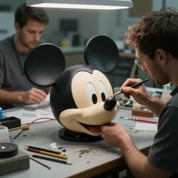 several workers in workshop repairing | mickey mouse head |, made by beeple, cgsociety, artgerm, greg rutkowski, highly detailed intricate 8 k art, low light cinematic, 2 4 mm lens, | upper view | close distance |