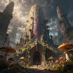 A hyper realistic detailed matte painting of the entrance to a dungeon of the maw at the base of a psychedelic monolith, dramatic lighting, dynamic lighting, cinematic lighting, lit by morning light, by Raphael Lacoste and John Howe and Jonathan Berube, unreal engine, featured on artstation, ultrawide angle, polarizer filter, crowd of mushrooms