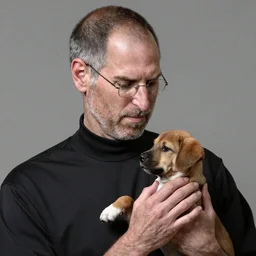 Steve Jobs lovingly playing with a brown puppy, highly detailed, hyper realistic