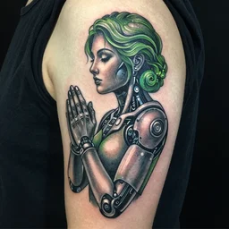 tattoo of a cyborg praying slightly beautiful, green, white, and black ink, hyperdetailed, realistic