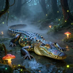 alligator covered in glowing mushroom in swamp fog, mist, fireflies, vines, bioluminescent, rain by dali, glow, trending on artstation,, vibrant, intricate detail, dramatic lighting, octane render, weta digital, micro details, 3 d structure, ray trace